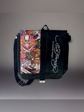 Ed Hardy Christian Audigier Y2K Skull Messenger Bag Black Crossbody